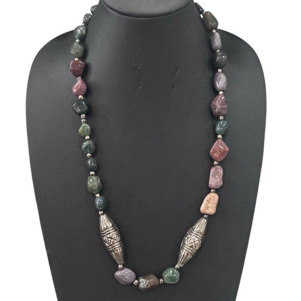 Multi-stone Gemstone Beaded Necklace Women's 26" Multicolor Silver-tone Accent